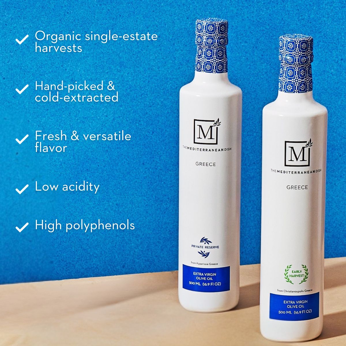 Two bottles of Mediterranean Olive Oil with product details on a blue background