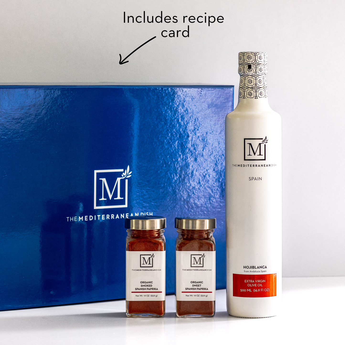 The Mediterranean Dish products with a gift box and recipe card on a white background