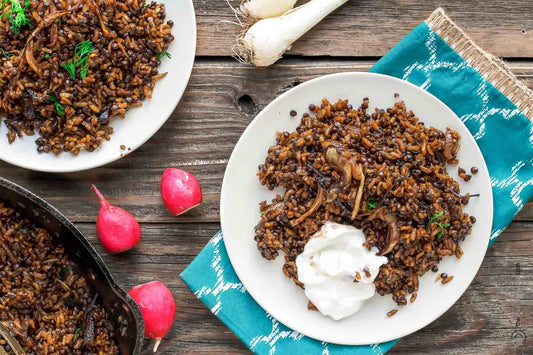 An overhead photo of two plates of lentils and rice on top of a blue dish cloth and topped with a dollop of white sauce.