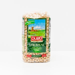 A 1000g bag of Duru Chickpeas, showing the beige chickpeas visible through the clear plastic packaging with a green and red label.