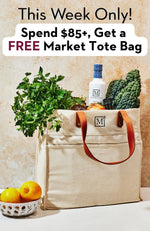 Beige tote bag with groceries and promotional text for a free bag offer.