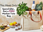 Promotional image of a Market Tote Bag with groceries and a text overlay about a free bag offer.