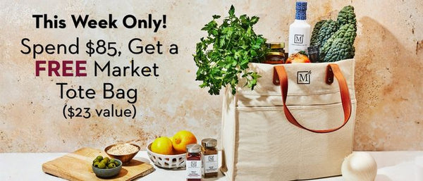 Promotional offer for a free market tote bag with groceries on a countertop.