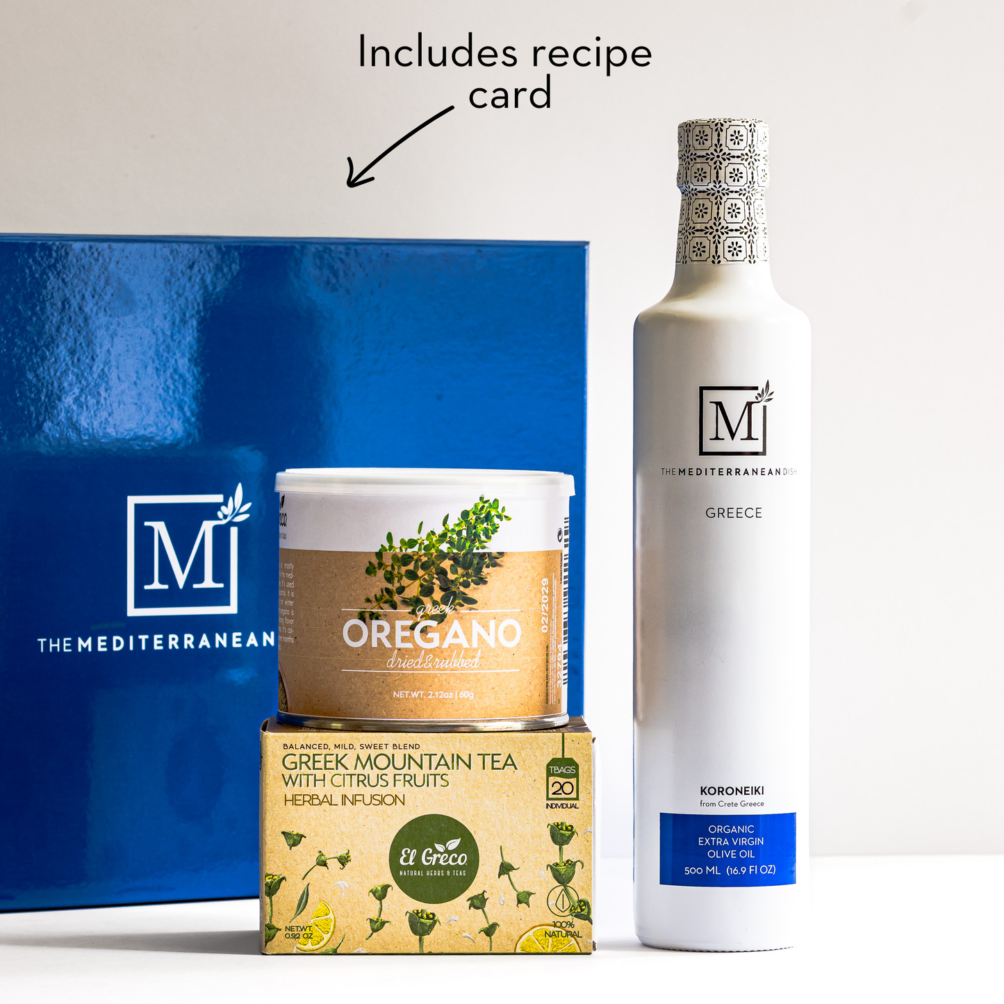 Collection of Mediterranean-themed products including a The Mediterranean Dish Olive Oil, tea, and spices.
