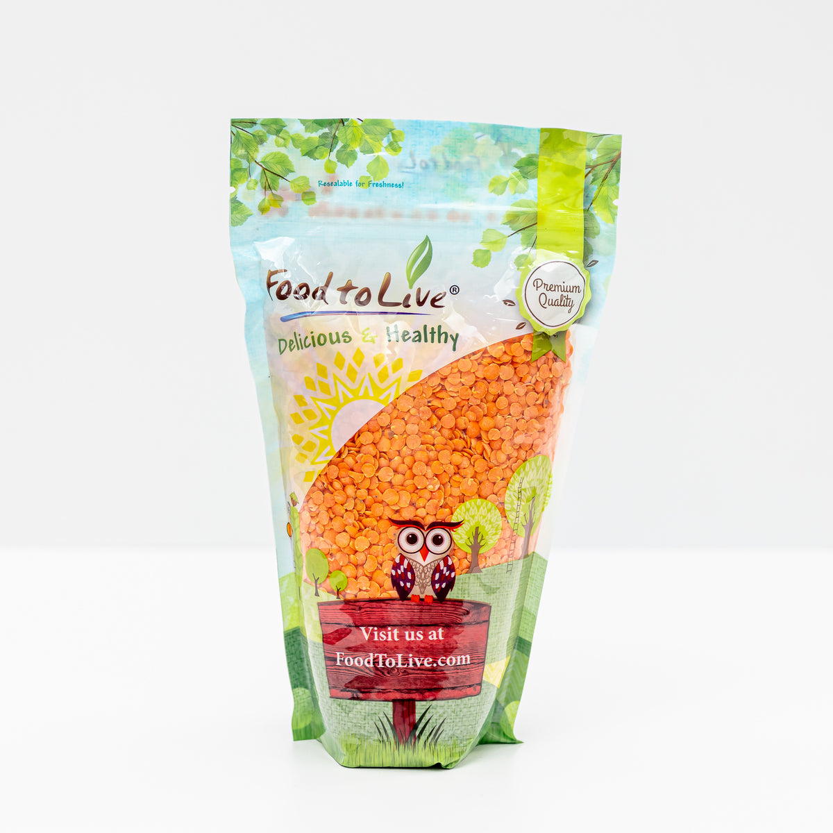 A bag of Food to Live organic red lentils displayed with a white background. 