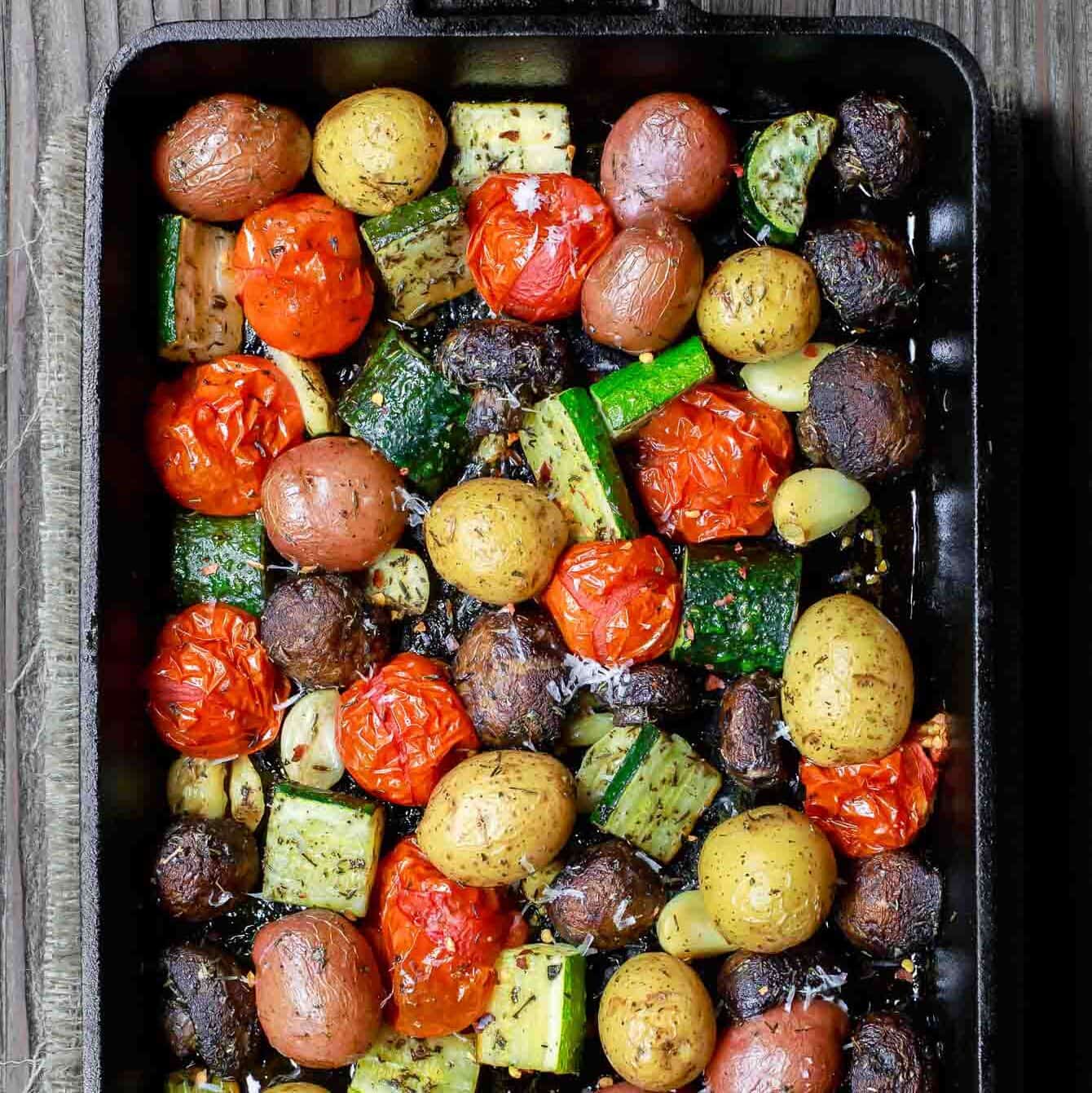 Roasted vegetables in large baking pan