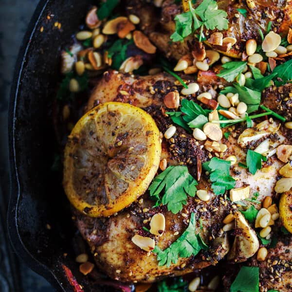 Roasted zaatar chicken in large cast iron skillet