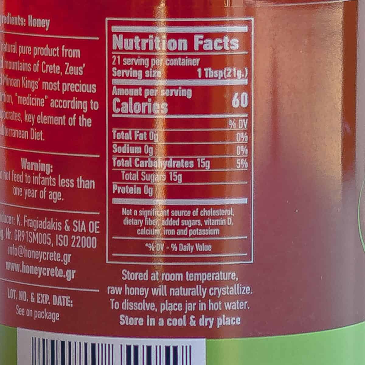 Jar of honey displaying nutrition label