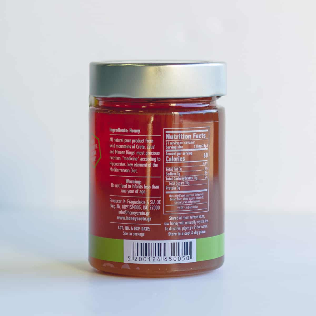 Jar of honey displaying ingredients and nutrition label