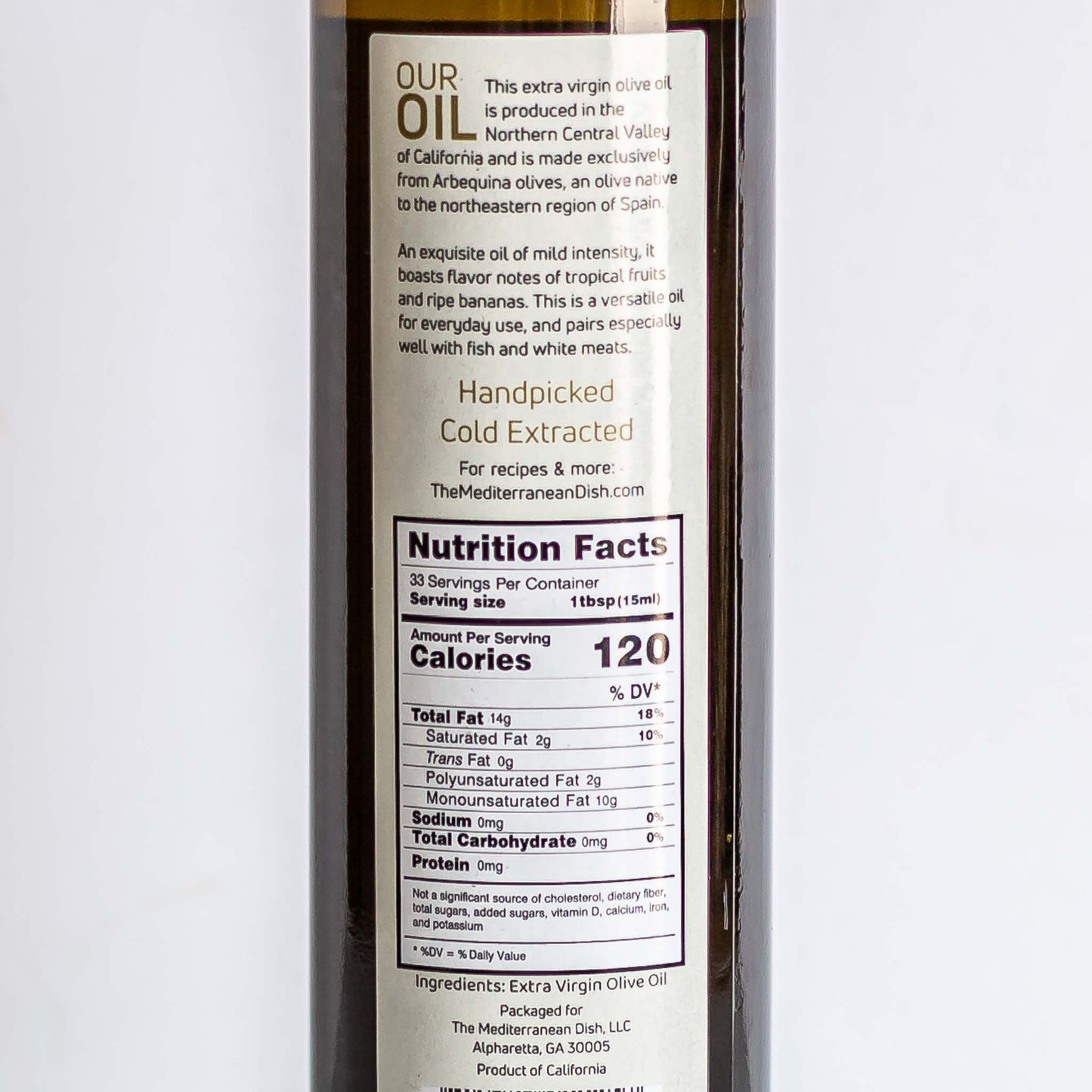 Side label of arbequina olive oil