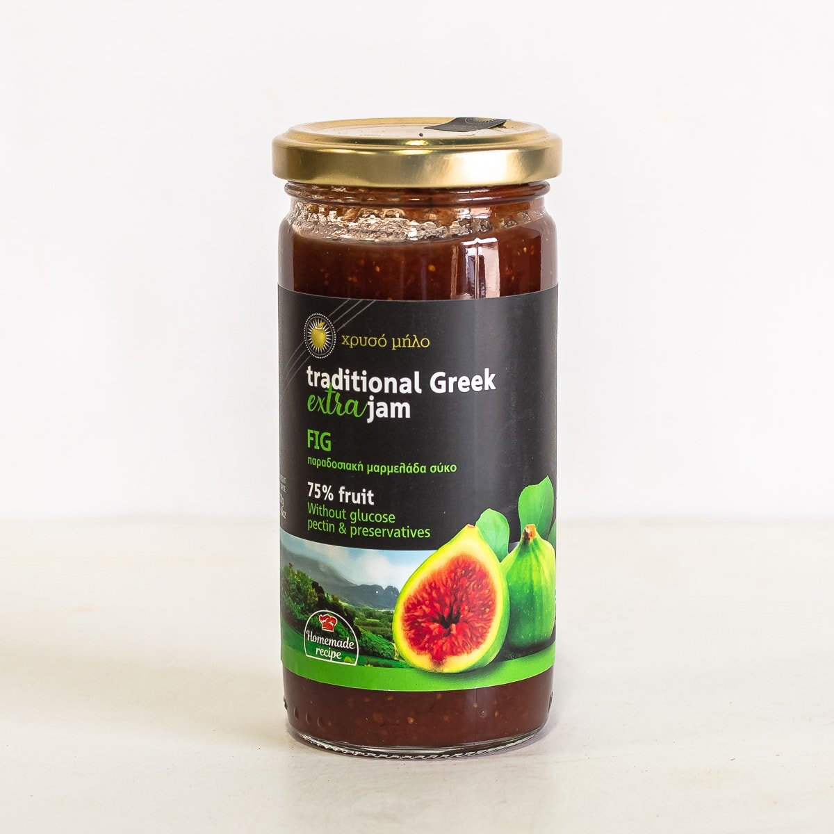 A bottle of Greek fig jam.