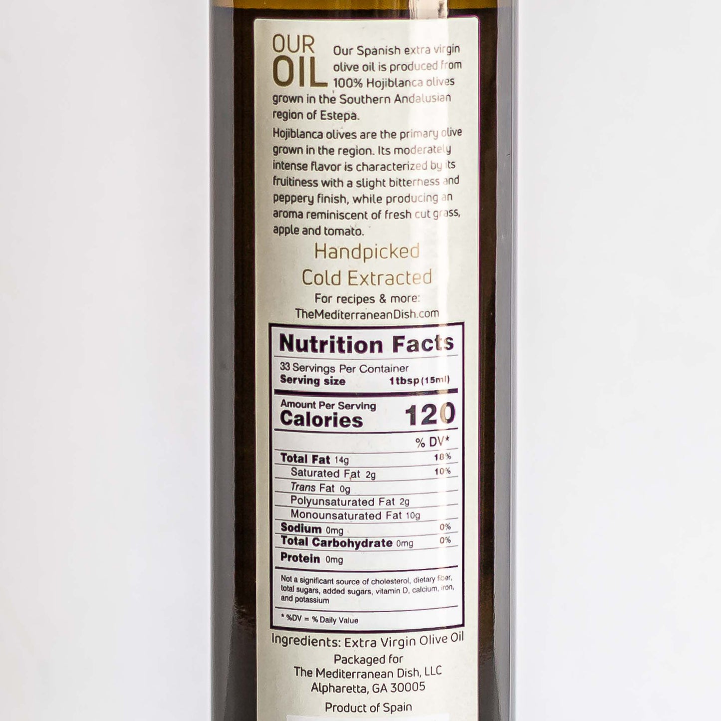 Side label of hojiblanca olive oil