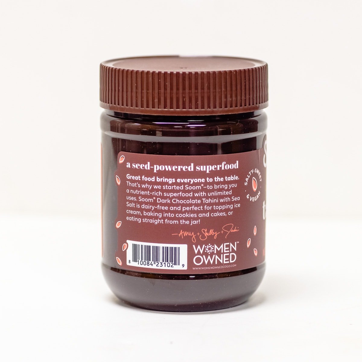 Side of dark chocolate tahini jar